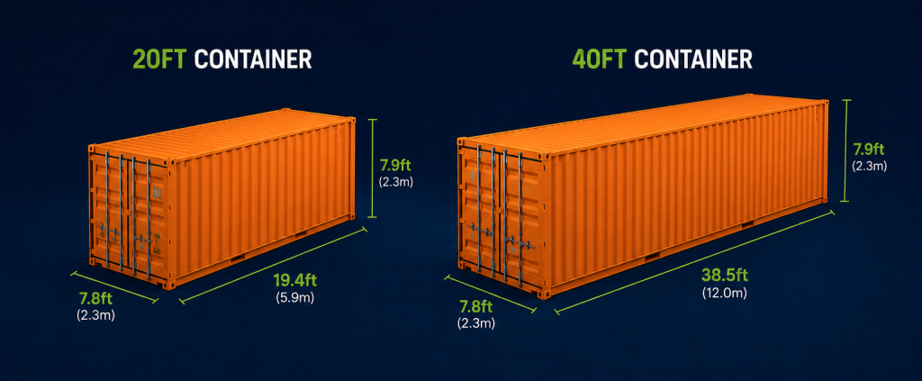 Vergelijking tussen een 40ft en 20 ft container afmetingen