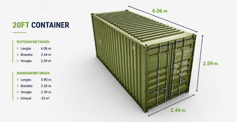 Afmetingen 20 ft container binnen- en buitenmaten